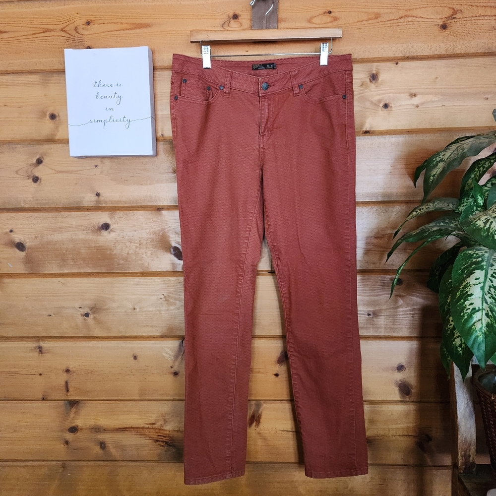 Prana Kayla Orange Red Jean Organic Picante Geo Stretch Slim Straight Sz 30 X30"